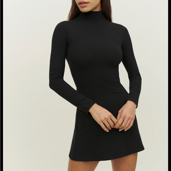 Reformation Maya Knit Dress Ribbed Long Sleeve Skater Mini Dress Black Large - Picture 2 of 8